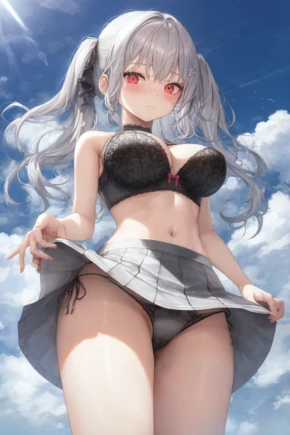 Medium hair, Wavy hair, Outdoor, Embarrassed, Lifting up skirt, From below, Skirt, Masterpiece, Underwear